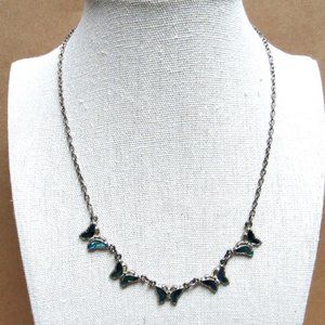 BUTTERFLY Blue Mother of Pearl Shimmery Style Silver Tone Necklace Pretty